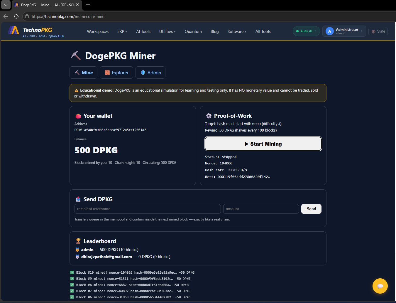Miner after ten mined blocks showing hash rate and block log