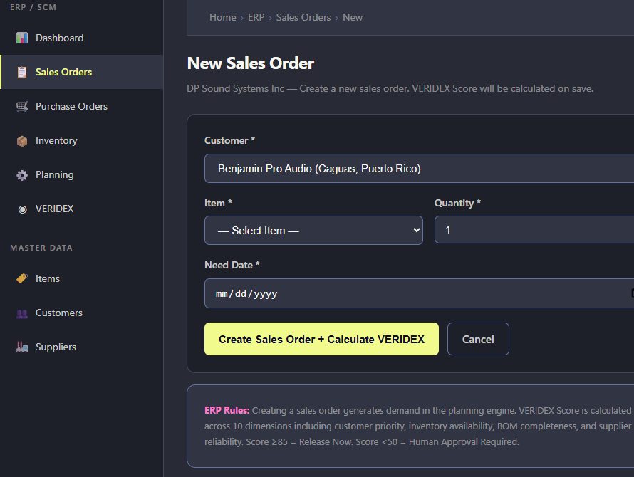 New Sales Order form with VERIDEX note