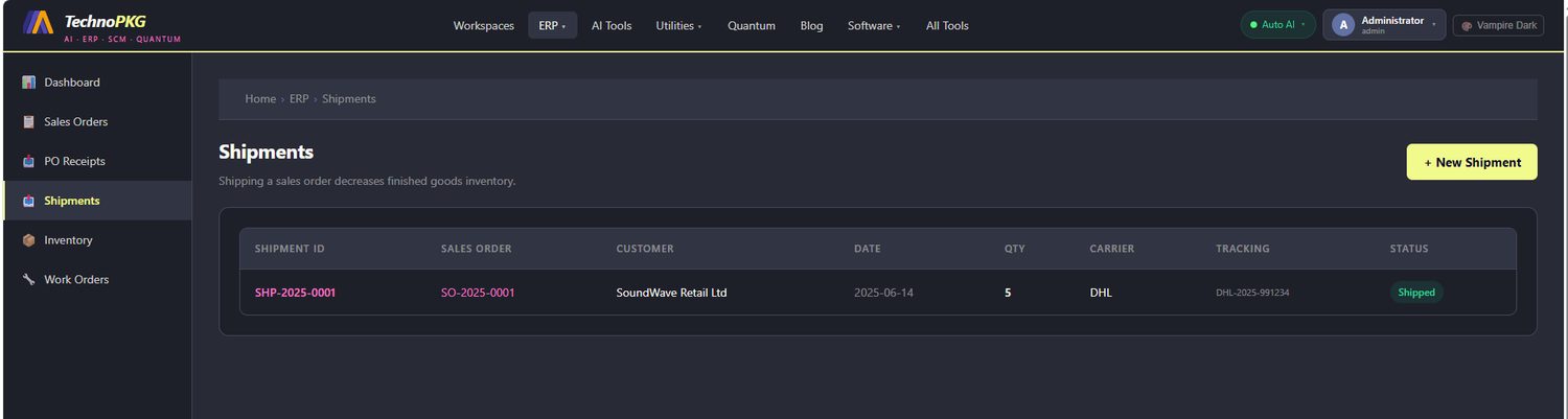 Shipments page with one shipped order
