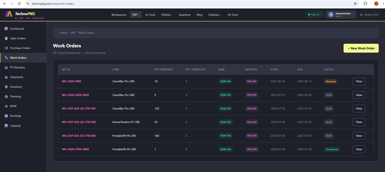 Work Orders list on the live portal